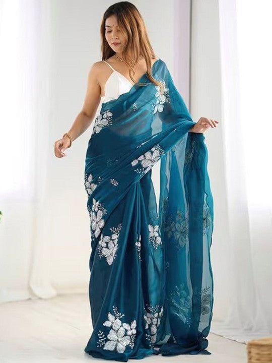 Blue Color Women Floral Sequinned Organza Saree