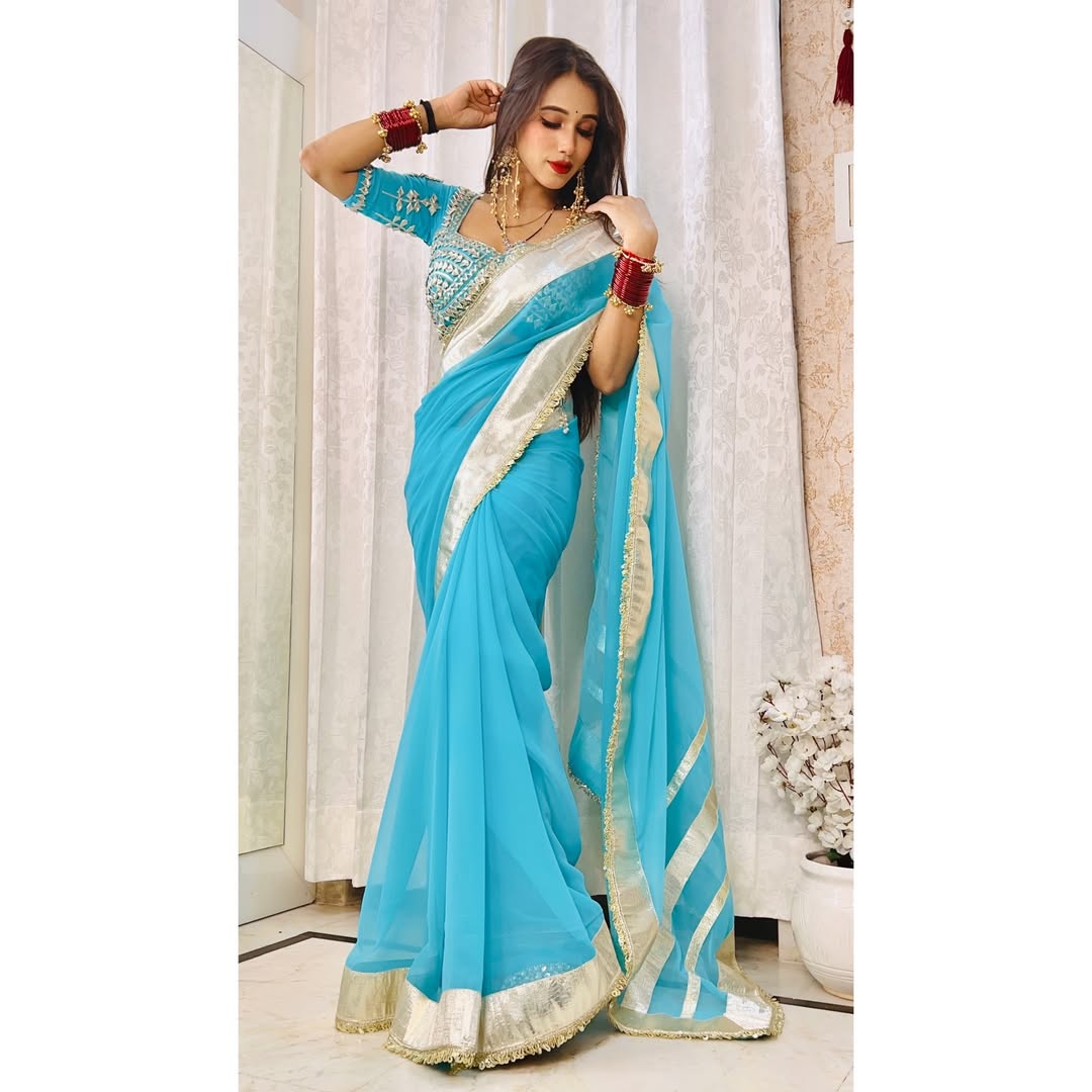 Ankita Lokhande Georgette Designer Sarees With Gotta Patti Work Ready To Wear Blouse
