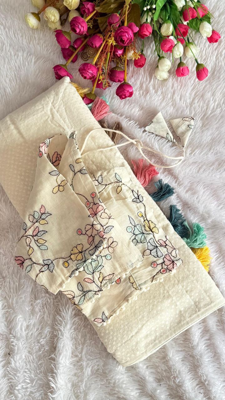 Cotton Silk Sarees With Khaadi Cotton Stitched Blouse