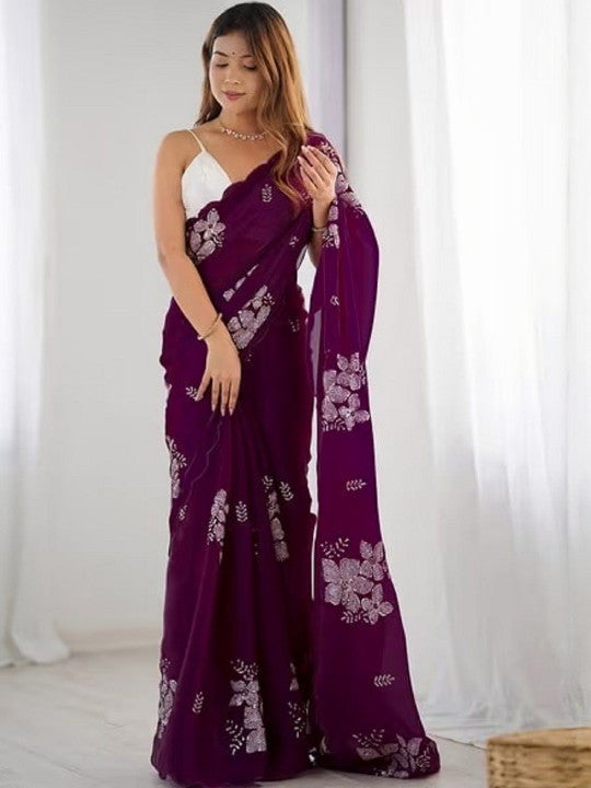 Wine Color Women Floral Sequinned Organza Saree