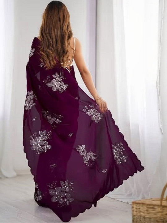 Wine Color Women Floral Sequinned Organza Saree