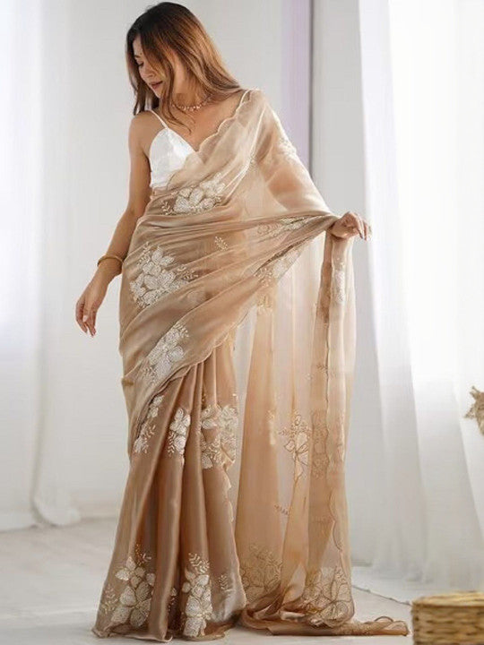 Beige Color Women Floral Sequinned Organza Saree
