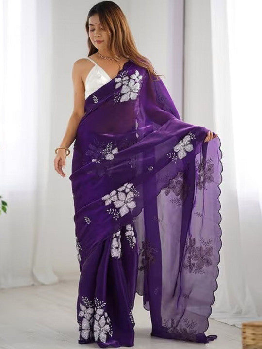 Violet Women Floral Sequinned Organza Saree