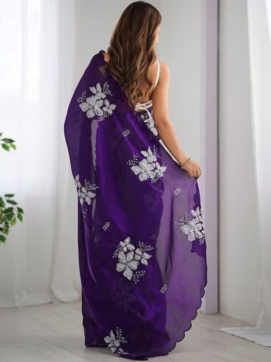 Violet Women Floral Sequinned Organza Saree
