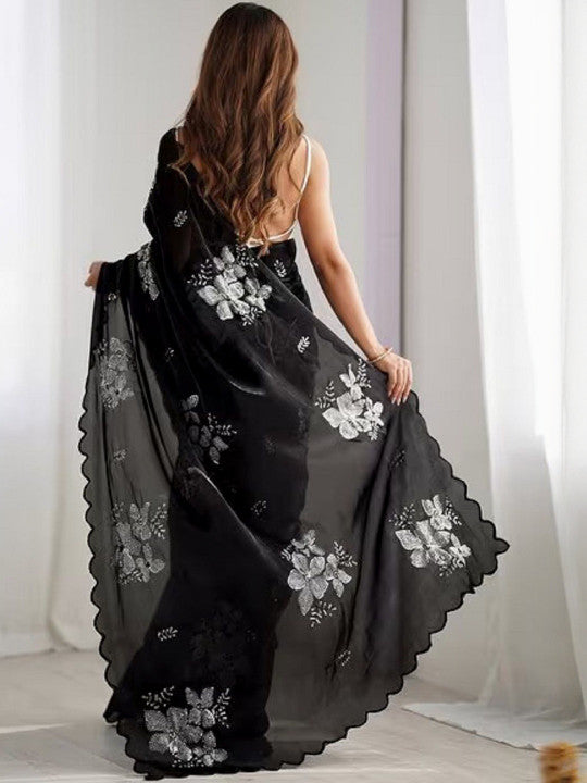 Black Color Women Floral Sequinned Organza Saree