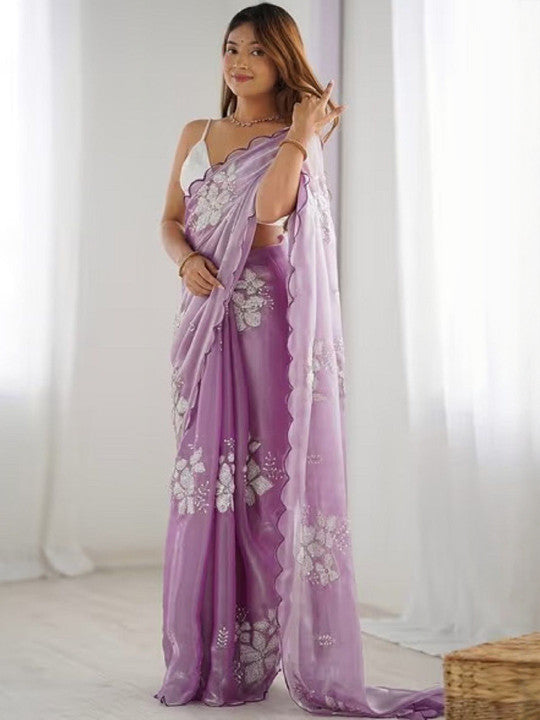 Pink Color Women Floral Sequinned Organza Saree