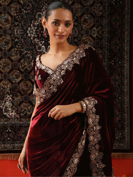 Embellished Zari Velvet Heavy Work Saree