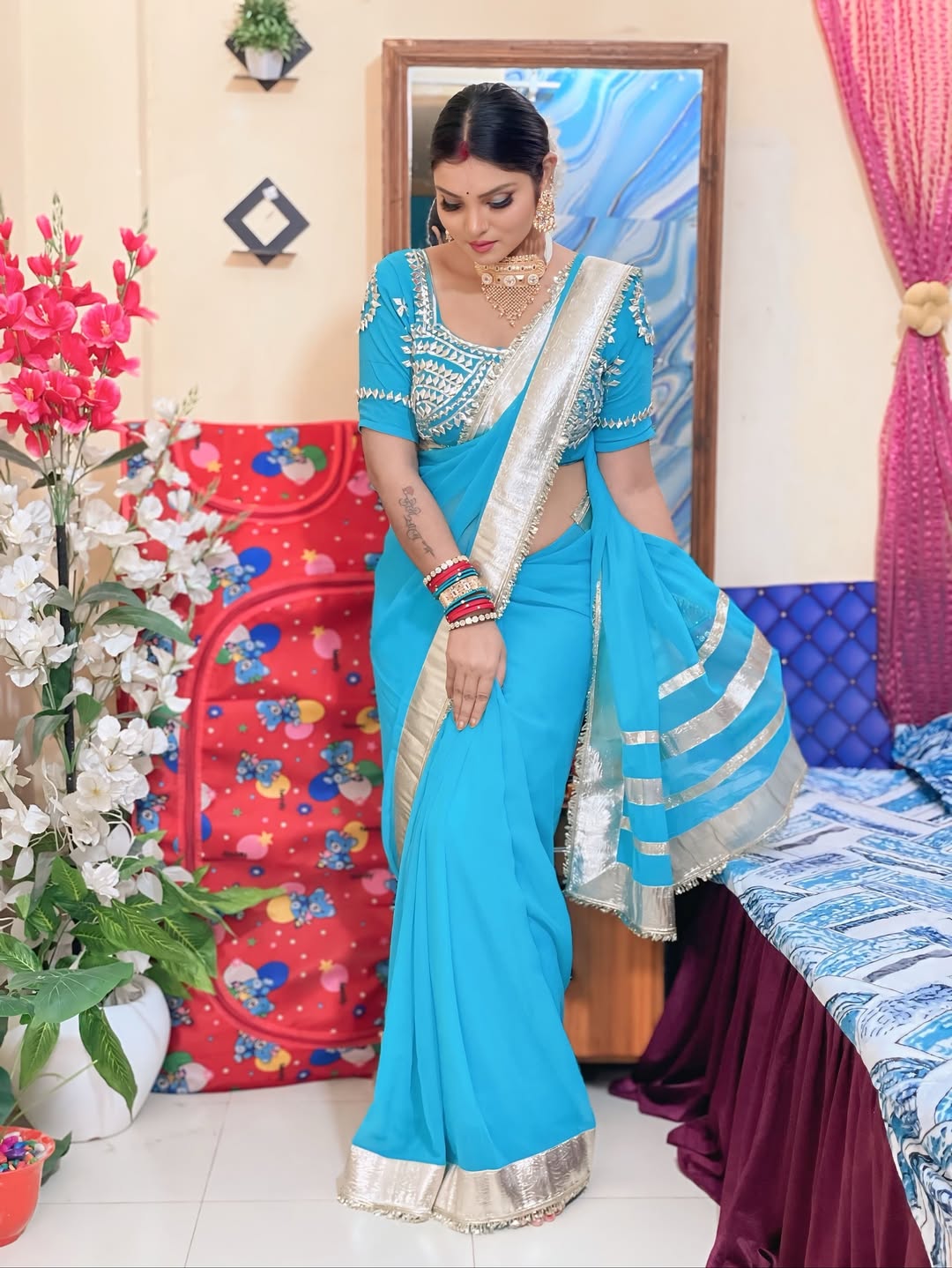 Ankita Lokhande Georgette Designer Sarees With Gotta Patti Work Ready To Wear Blouse