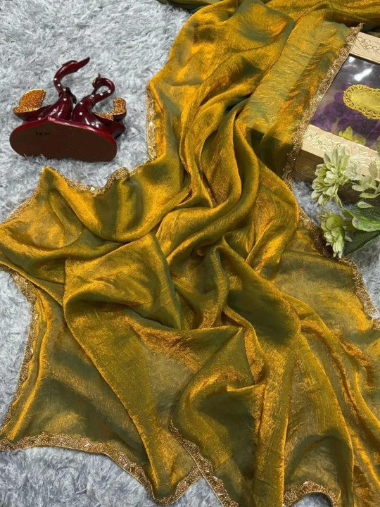 Women Beads and Stones Organza Saree