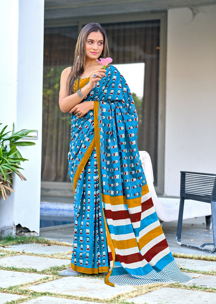 Blue Cartoon Hand Block Print Pure Cotton Sarees