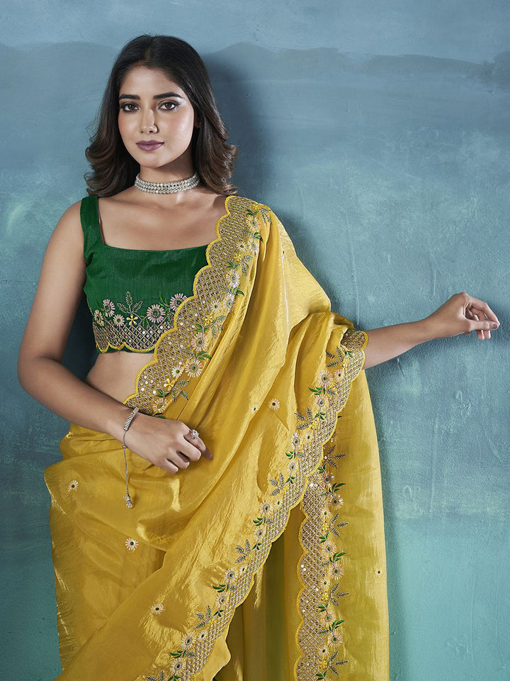 Yellow Gold Crush Sequence Embroidered Sarees With Contrast Blouse
