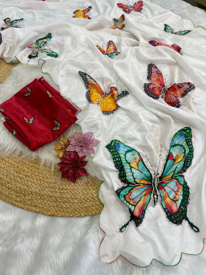 Soft Malai Silk Butterfly Print Hand Work Sarees