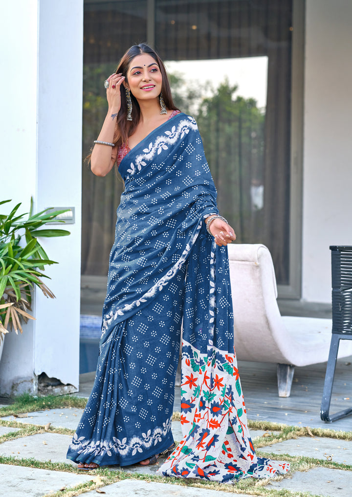 Blue Block Print Pure Cotton Sarees