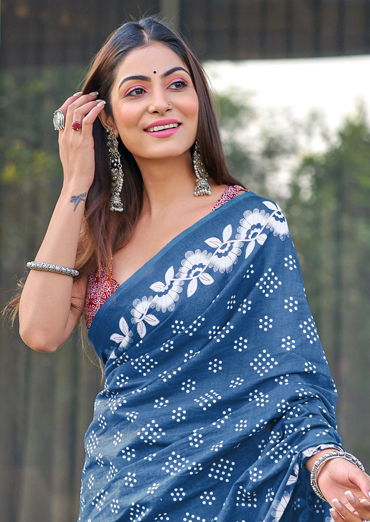 Blue Block Print Pure Cotton Sarees