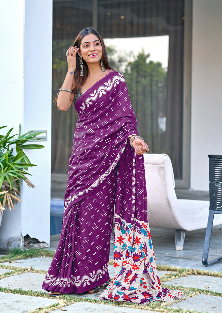 Wine Block Print Pure Cotton Sarees