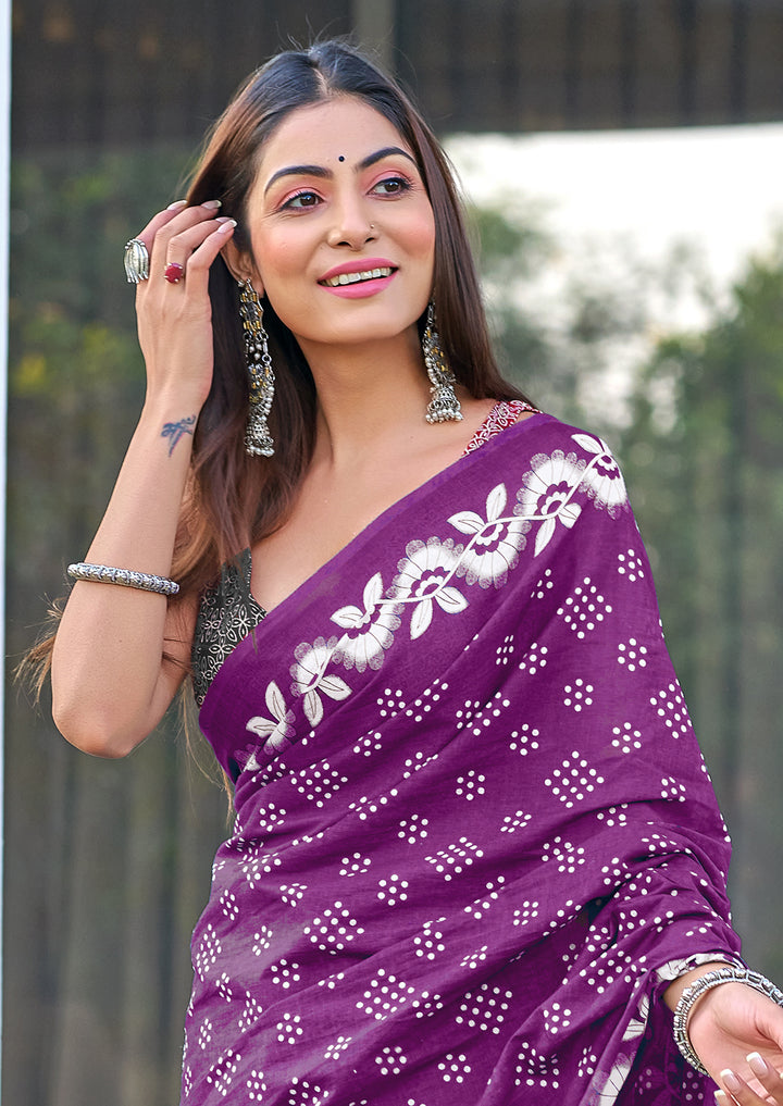 Wine Block Print Pure Cotton Sarees