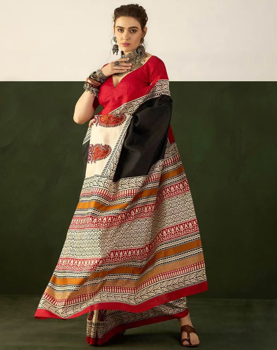Ajrakh Hand Block Printed Mul Mul Cotton Sarees