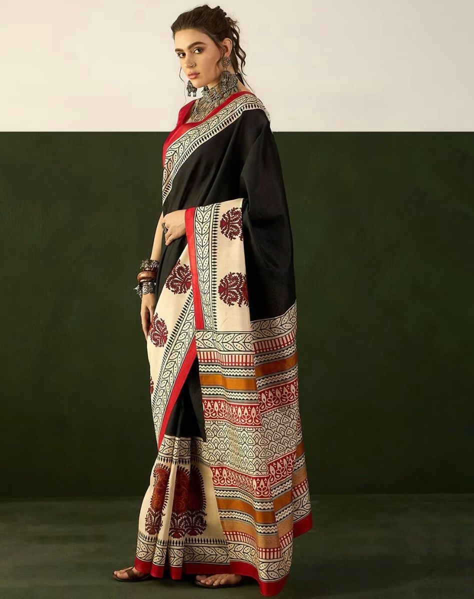 Ajrakh Hand Block Printed Mul Mul Cotton Sarees