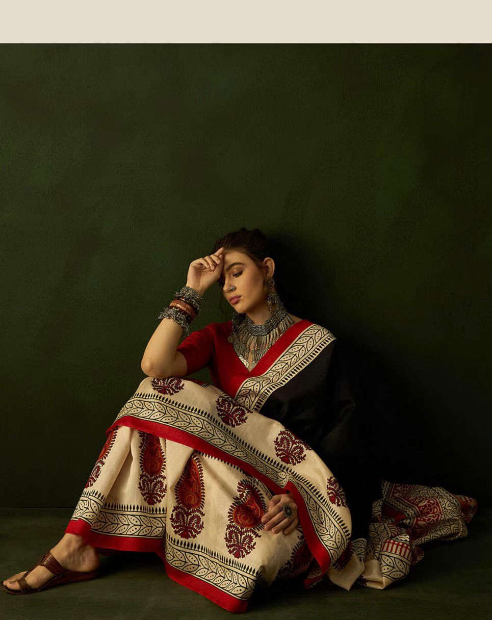 Ajrakh Hand Block Printed Mul Mul Cotton Sarees