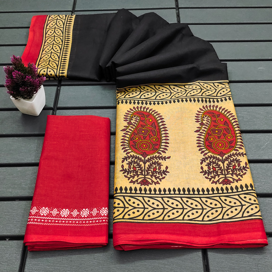 Ajrakh Hand Block Printed Mul Mul Cotton Sarees