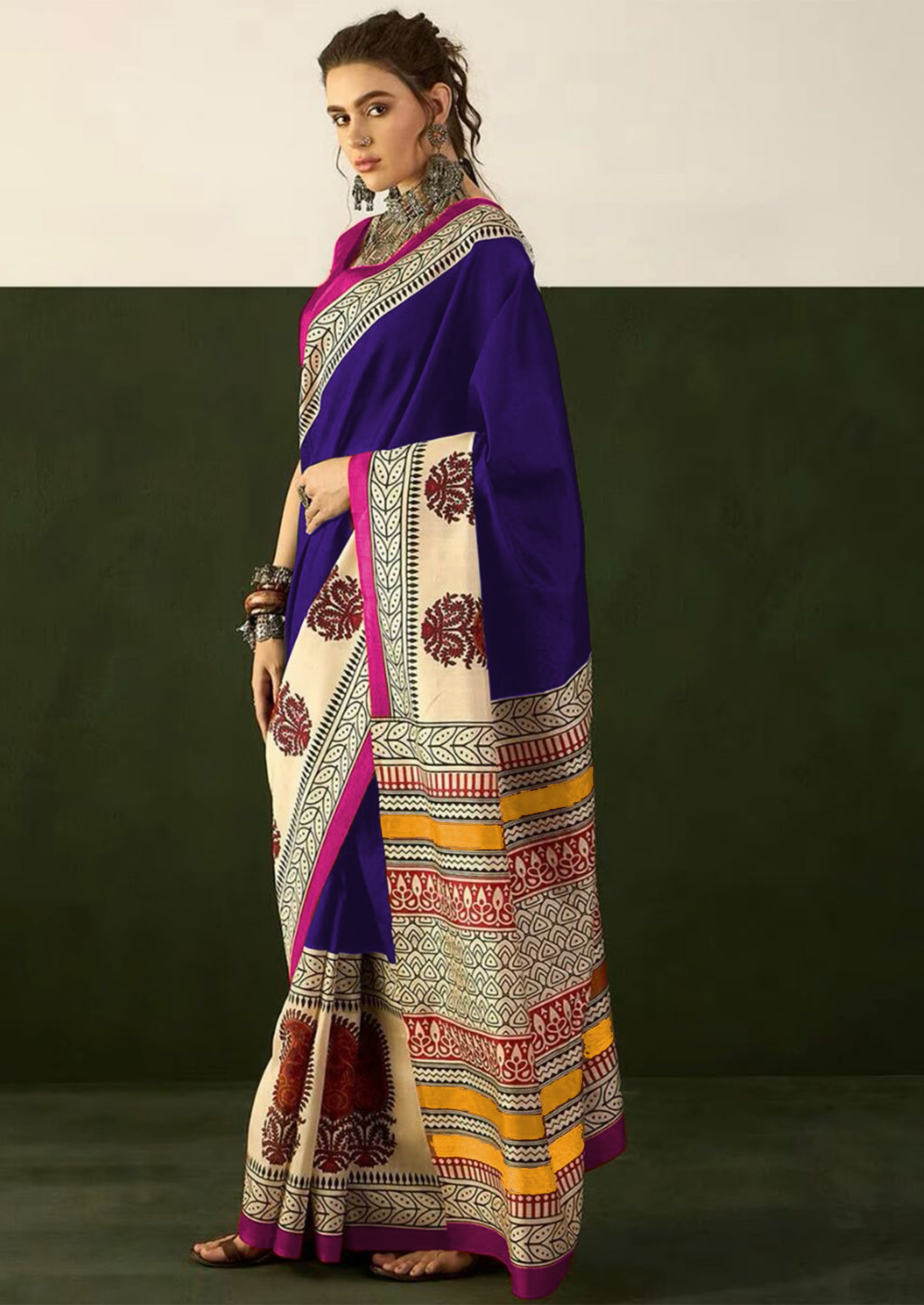 Ajrakh Hand Block Printed Mul Mul Cotton Sarees