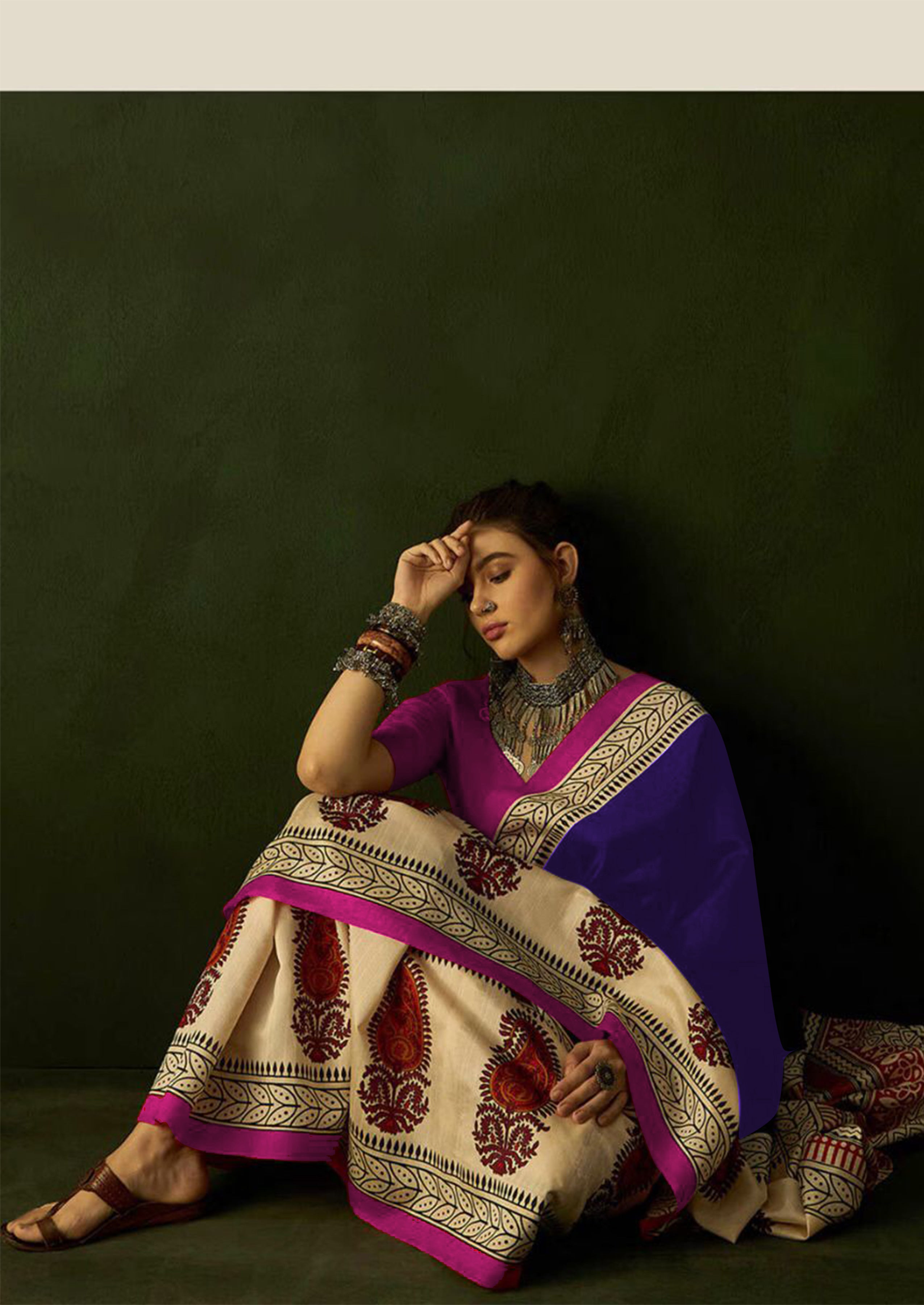 Ajrakh Hand Block Printed Mul Mul Cotton Sarees