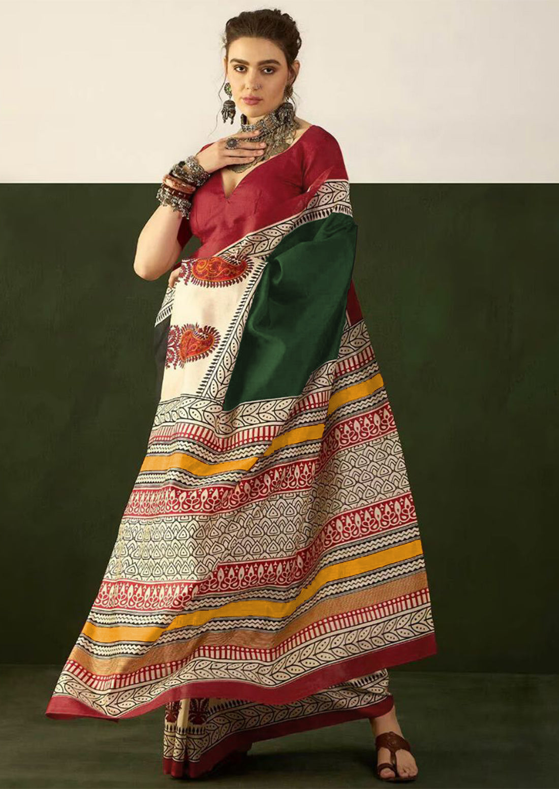 Ajrakh Hand Block Printed Mul Mul Cotton Sarees
