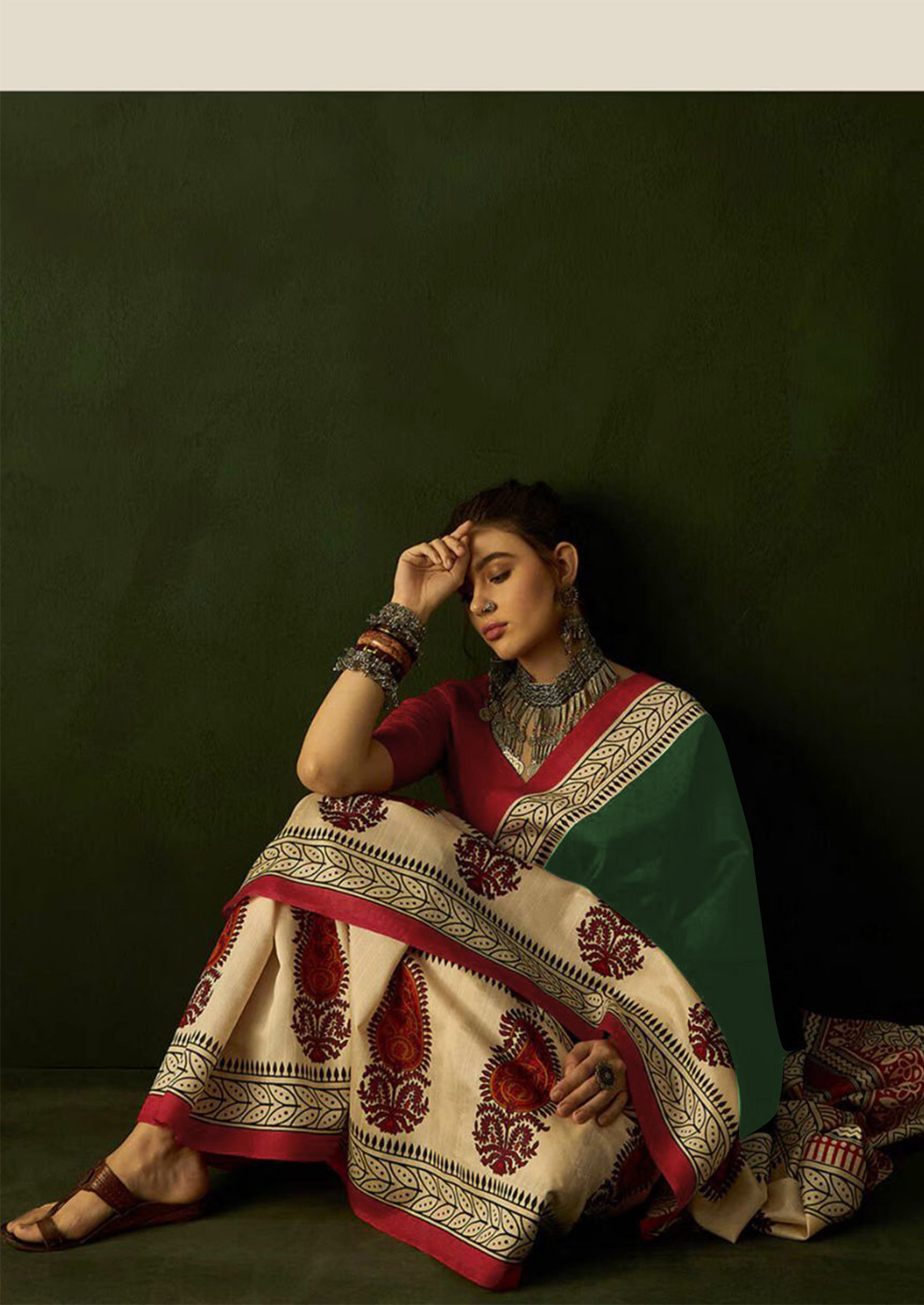 Ajrakh Hand Block Printed Mul Mul Cotton Sarees