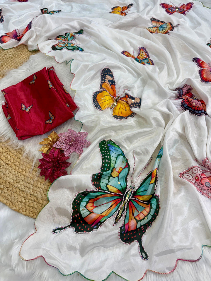 Soft Malai Silk Butterfly Print Hand Work Sarees