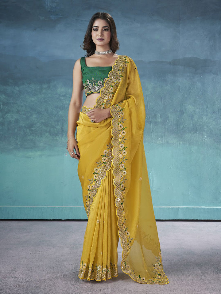 Yellow Gold Crush Sequence Embroidered Sarees With Contrast Blouse