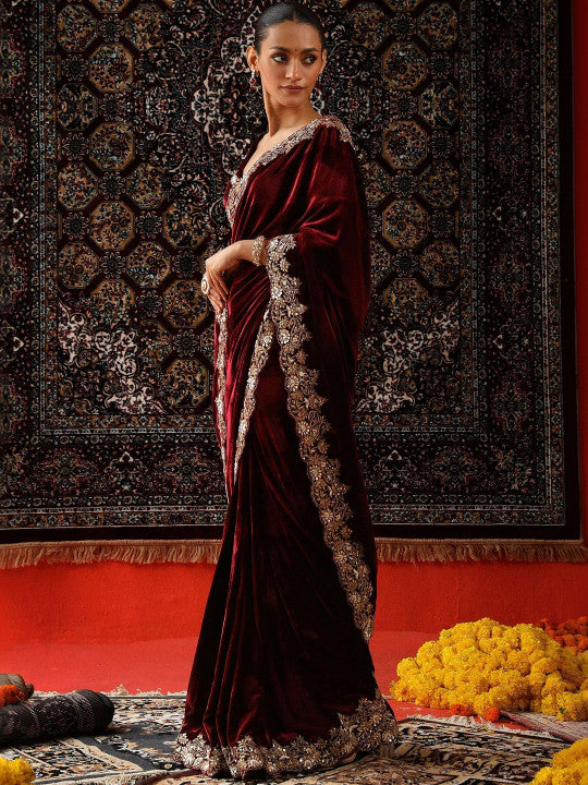 Embellished Zari Velvet Heavy Work Saree