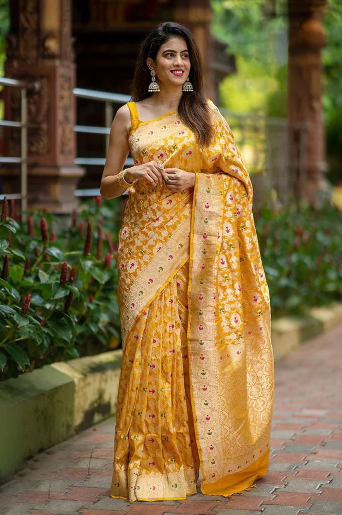 Yellow Color Rich Pallu Silk Sarees With Tassels