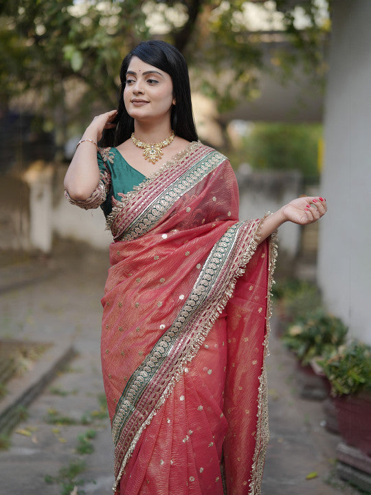 Embellished Embroidered Saree With Unstitched Blouse Piece