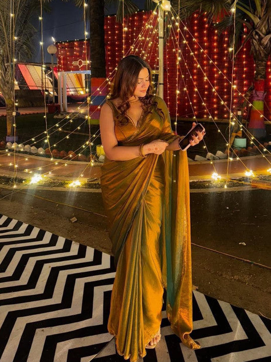 Women Beads and Stones Organza Saree