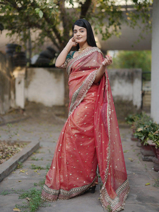 Embellished Embroidered Saree With Unstitched Blouse Piece