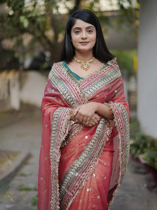 Embellished Embroidered Saree With Unstitched Blouse Piece