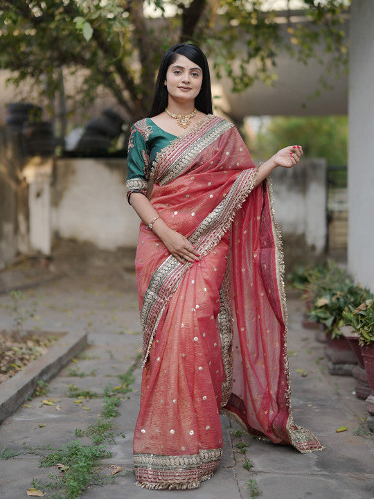 Embellished Embroidered Saree With Unstitched Blouse Piece