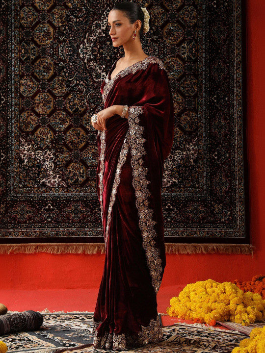 Embellished Zari Velvet Heavy Work Saree