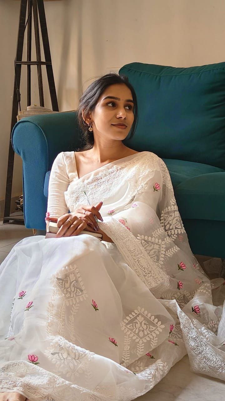 Off-white Organza Multi Resham Work Sarees With Tessels.