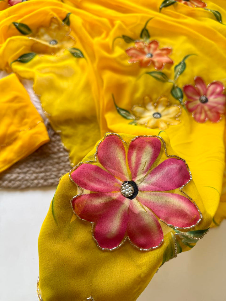 Yellow Color Hand Painted Sarees With Hand Work