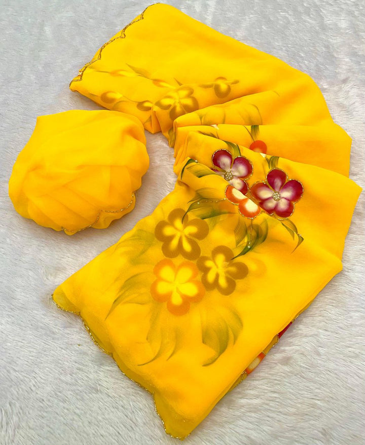 Yellow Color Hand Painted Sarees With Hand Work