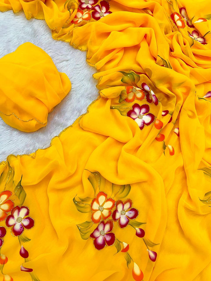 Yellow Color Hand Painted Sarees With Hand Work