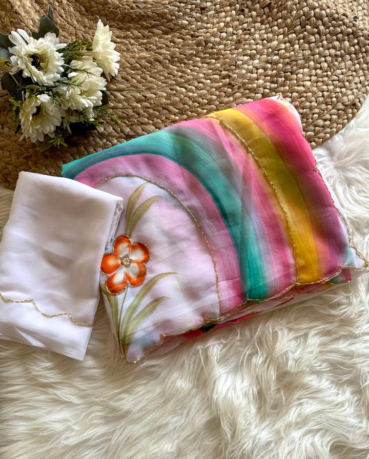 White Color Hand Painted Sarees With Hand Work