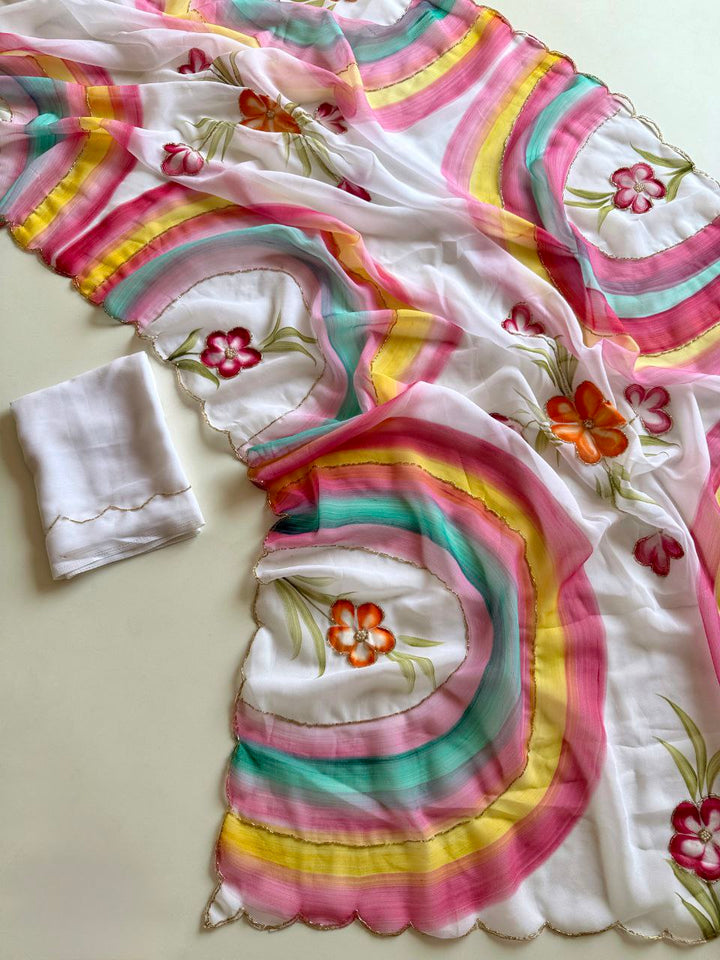 White Color Hand Painted Sarees With Hand Work