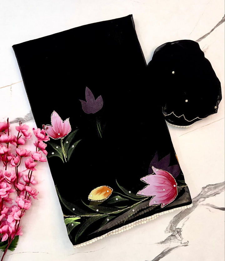 Black Color Soft Georgette Brush Paint Sarees With Moti Lace