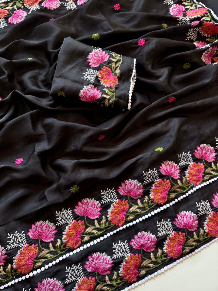 Black Korean Tusser Silk Resham Work Sarees With GPO Lace