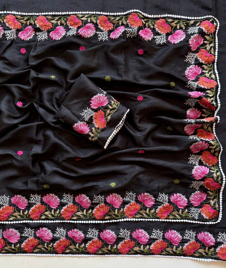 Black Korean Tusser Silk Resham Work Sarees With GPO Lace