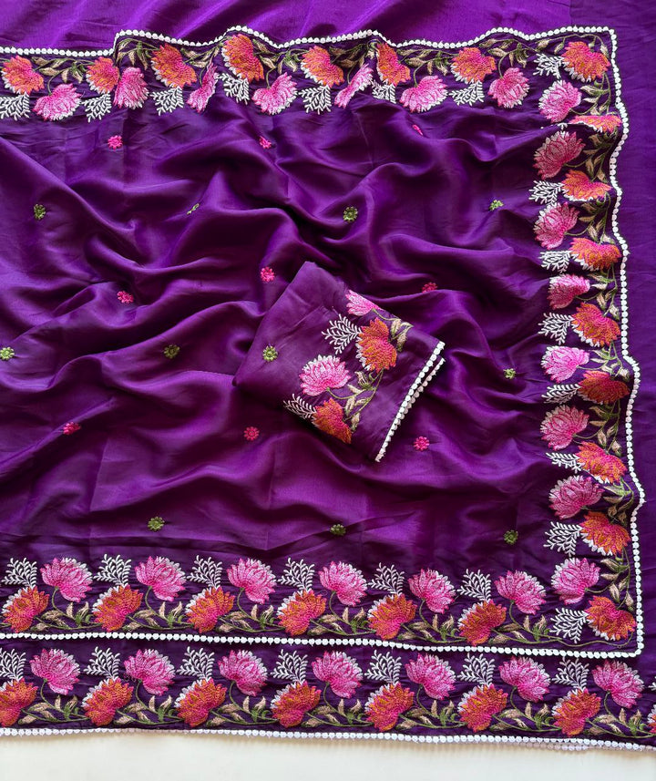 Wine Korean Tusser Silk Resham Work Sarees With GPO Lace