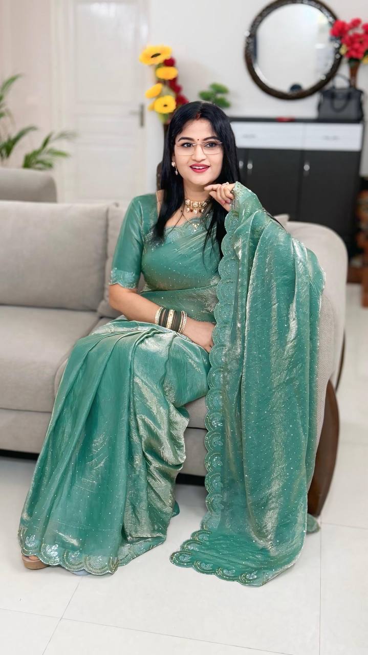 Space Silk Swarovski Work Saree With Scalloped