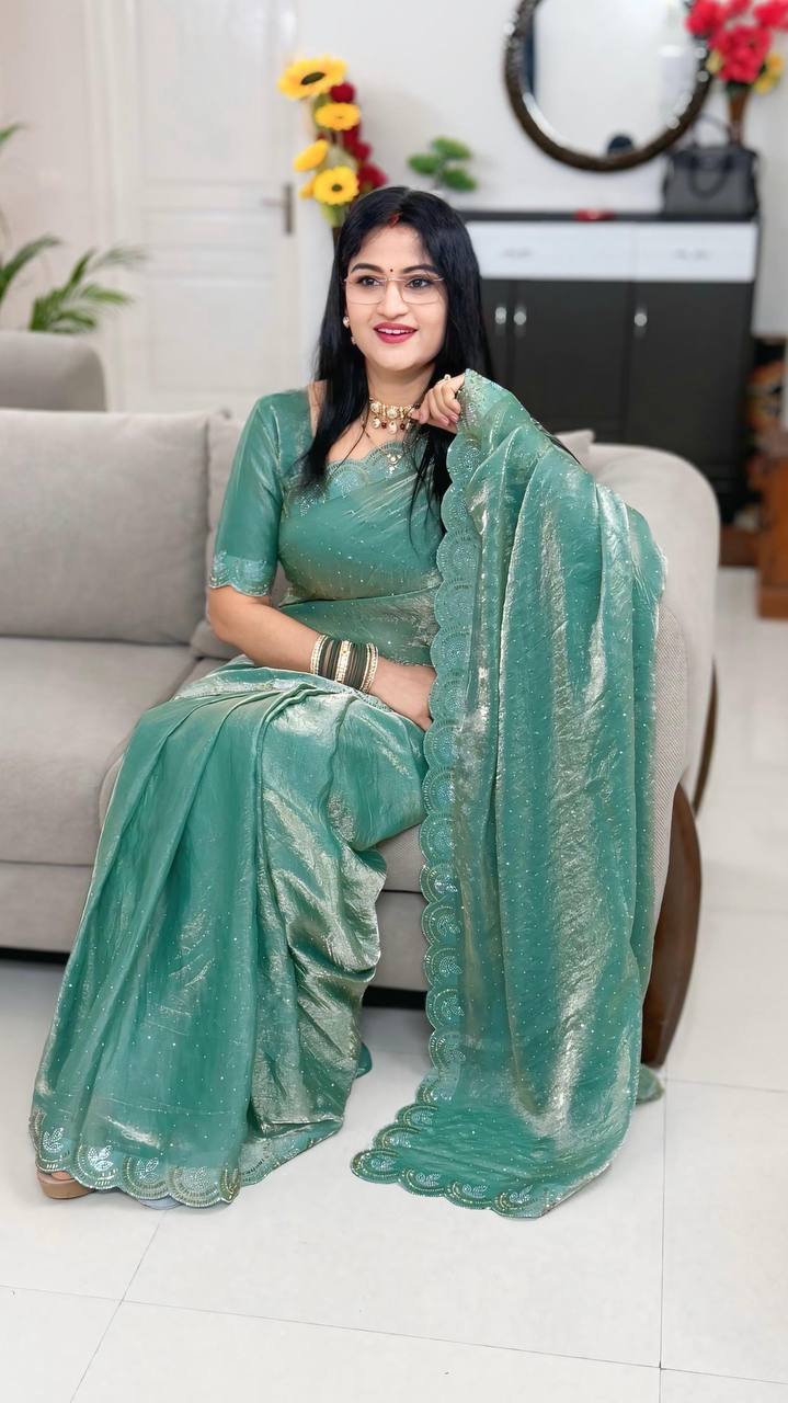 Space Silk Swarovski Work Saree With Scalloped